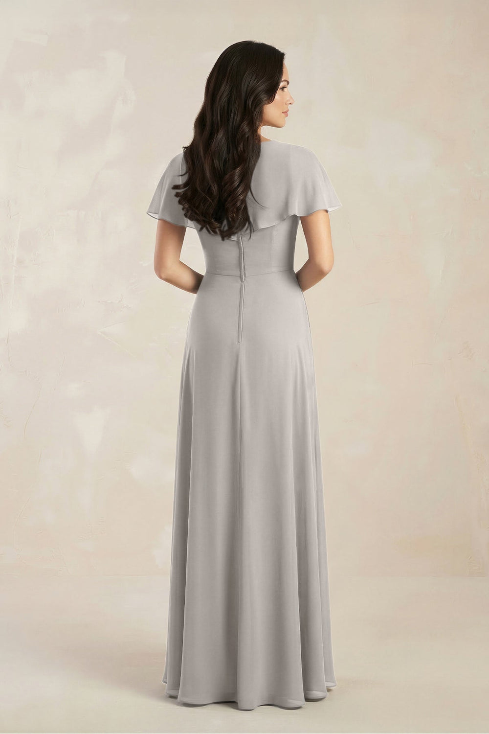 A - Line Short Sleeve Chiffon V - Neck Bridesmaid Dress in Silver - KISS BRIDAL Bridesmaid Dresses