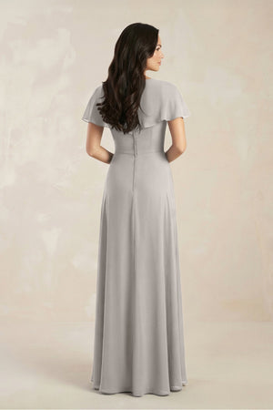 A - Line Short Sleeve Chiffon V - Neck Bridesmaid Dress in Silver - SHE IS ME Bridesmaid Dresses