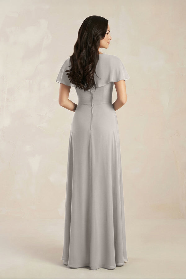 A - Line Short Sleeve Chiffon V - Neck Bridesmaid Dress in Silver - SHE IS ME Bridesmaid Dresses