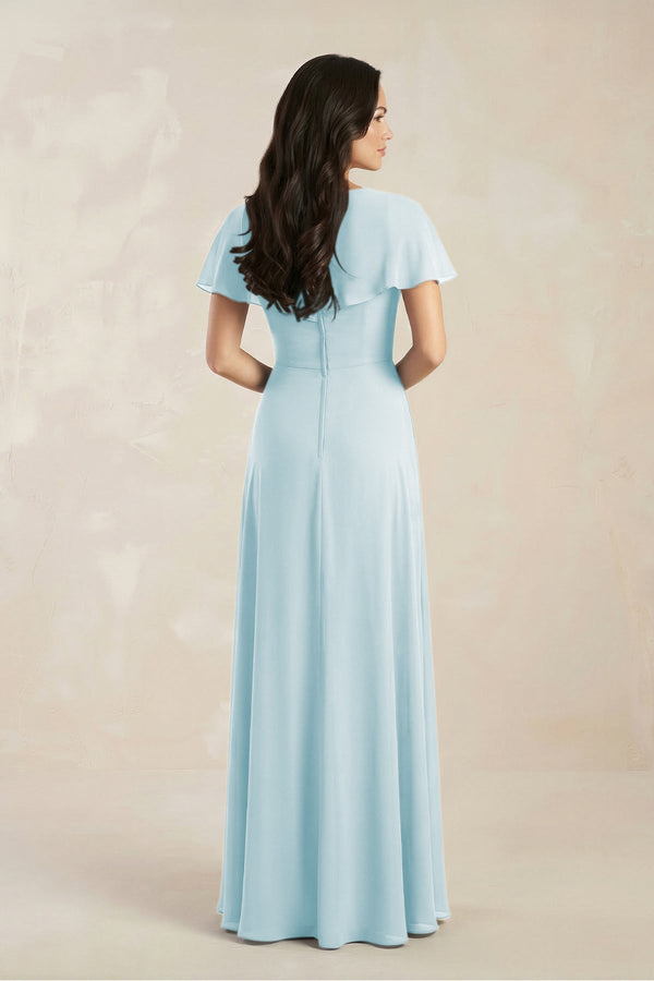 A - Line Short Sleeve Chiffon V - Neck Bridesmaid Dress in Sky Blue - SHE IS ME Bridesmaid Dresses