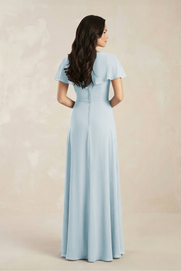 A-Line Short Sleeve Chiffon V-Neck Bridesmaid Dress in Sky Blue (2) | KISSBRIDAL