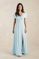 A - Line Short Sleeve Chiffon V - Neck Bridesmaid Dress in Sky Blue - SHE IS ME Bridesmaid Dresses