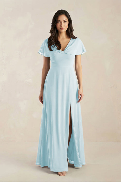 A - Line Short Sleeve Chiffon V - Neck Bridesmaid Dress in Sky Blue - SHE IS ME Bridesmaid Dresses