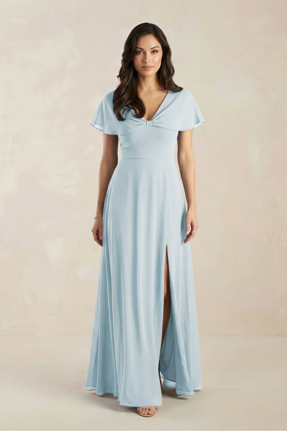 A-Line Short Sleeve Chiffon V-Neck Bridesmaid Dress in Sky Blue