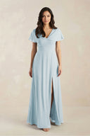 A-Line Short Sleeve Chiffon V-Neck Bridesmaid Dress in Sky Blue | KISSBRIDAL