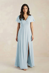 A-Line Short Sleeve Chiffon V-Neck Bridesmaid Dress in Sky Blue | KISSBRIDAL