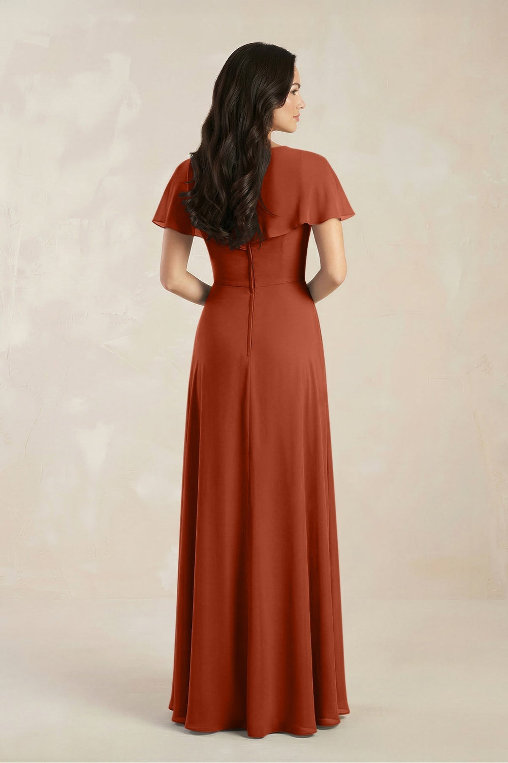 A - Line Short Sleeve Chiffon V - Neck Bridesmaid Dress in Spice - KISS BRIDAL Bridesmaid Dresses