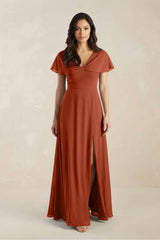 A - Line Short Sleeve Chiffon V - Neck Bridesmaid Dress in Spice - KISS BRIDAL Bridesmaid Dresses