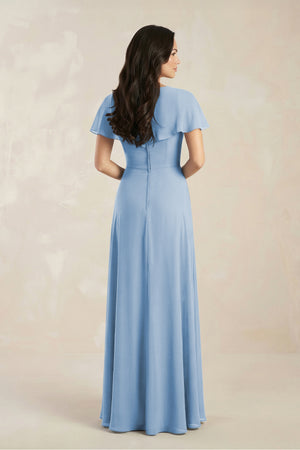 A-Line Short Sleeve Chiffon V-Neck Bridesmaid Dress in Steel Blue (2) | KISSBRIDAL