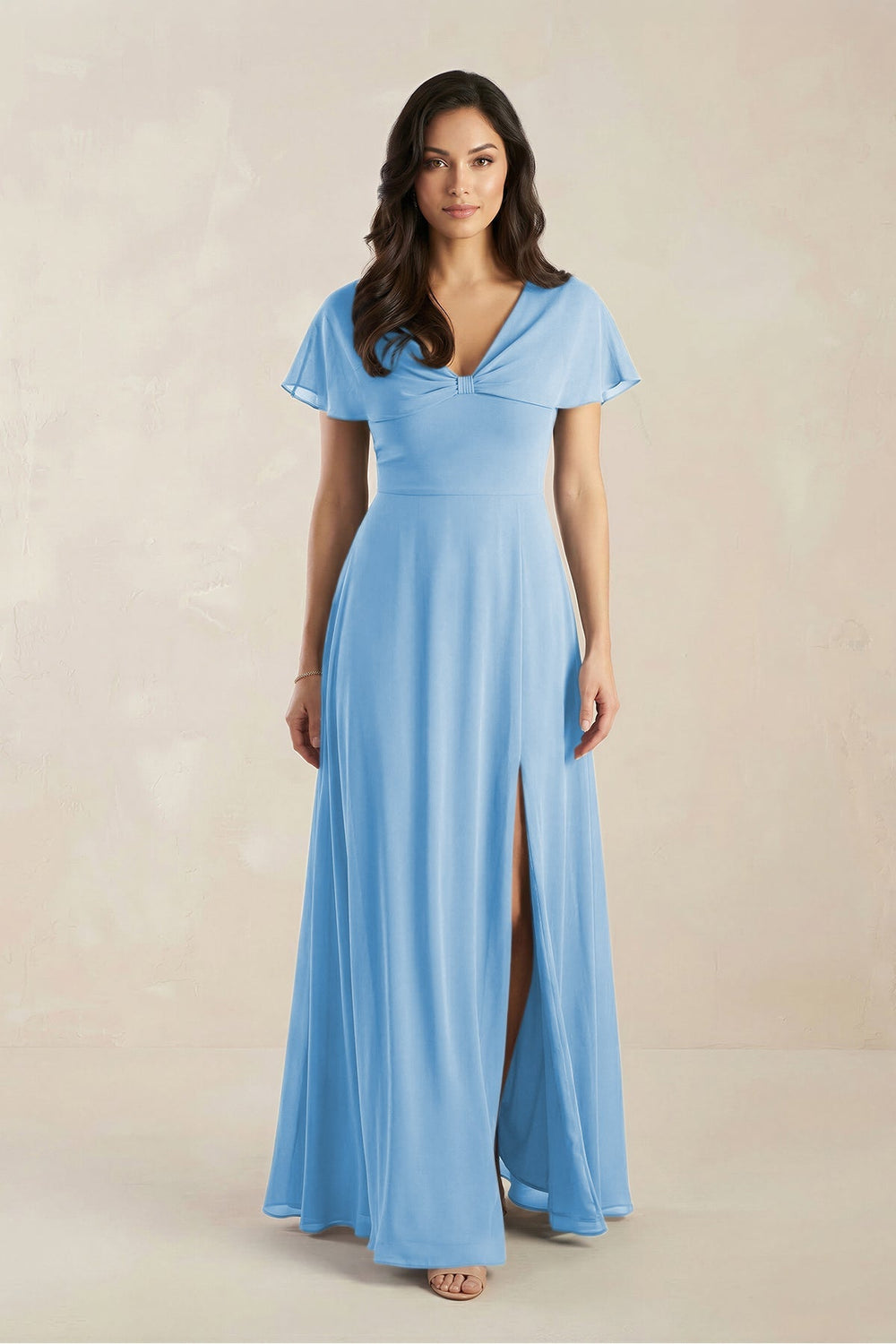 A - Line Short Sleeve Chiffon V - Neck Bridesmaid Dress in Steel Blue - KISS BRIDAL Bridesmaid Dresses
