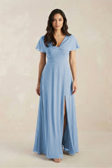 A-Line Short Sleeve Chiffon V-Neck Bridesmaid Dress in Steel Blue | KISSBRIDAL