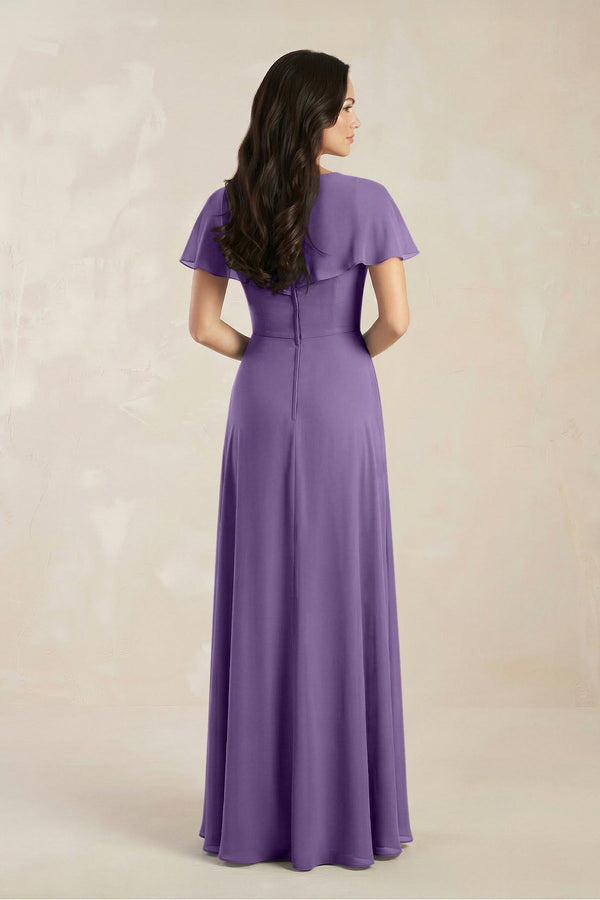A - Line Short Sleeve Chiffon V - Neck Bridesmaid Dress in Tahiti - SHE IS ME Bridesmaid Dresses