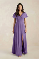 A - Line Short Sleeve Chiffon V - Neck Bridesmaid Dress in Tahiti - SHE IS ME Bridesmaid Dresses