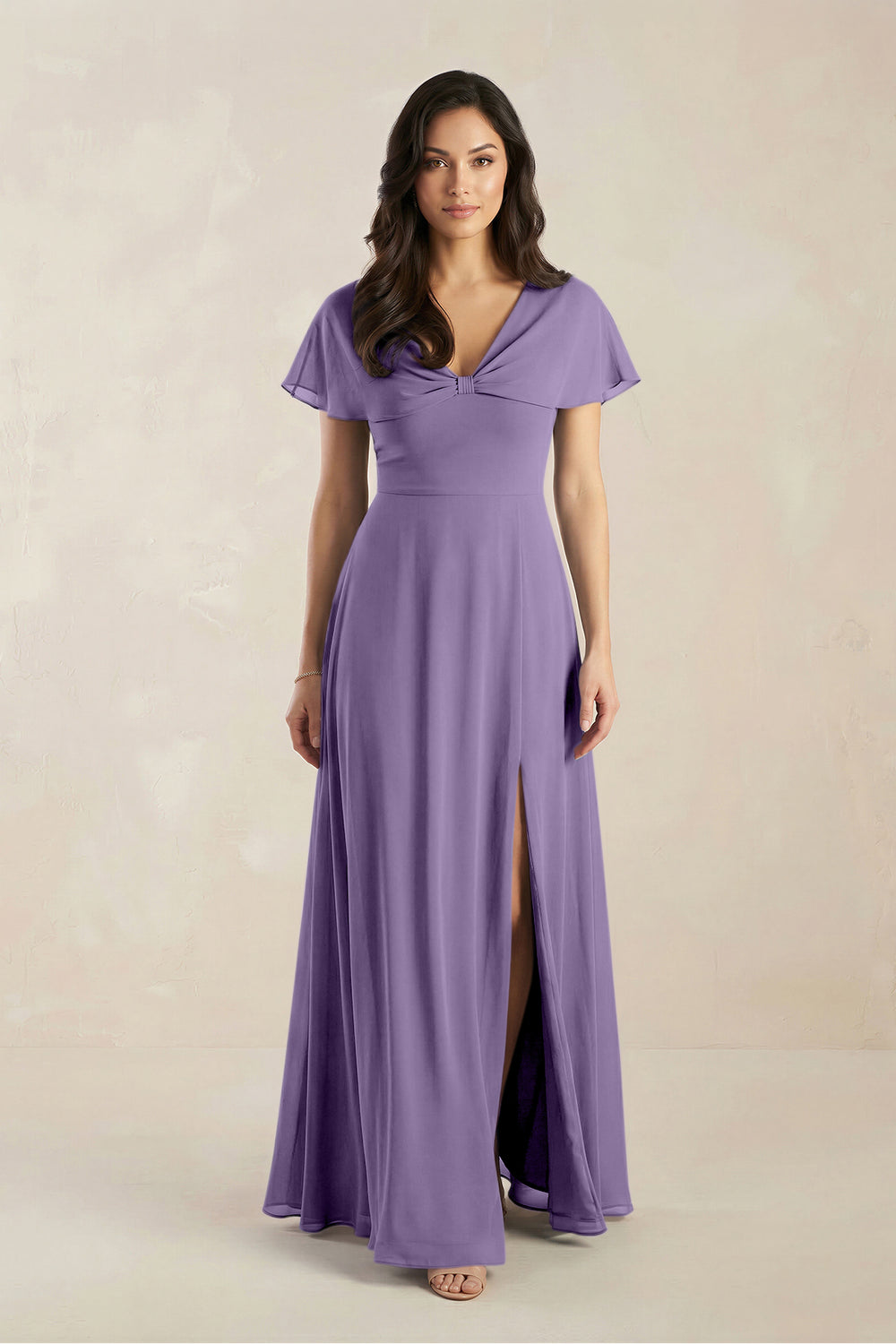 A-Line Short Sleeve Chiffon V-Neck Bridesmaid Dress in Tahiti