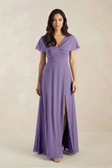 A-Line Short Sleeve Chiffon V-Neck Bridesmaid Dress in Tahiti | KISSBRIDAL
