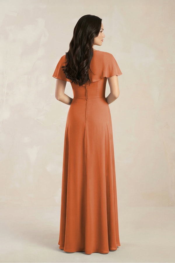 A - Line Short Sleeve Chiffon V - Neck Bridesmaid Dress in Terracotta - SHE IS ME Bridesmaid Dresses