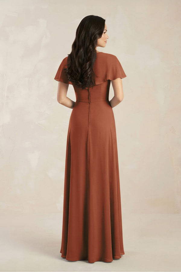 A-Line Short Sleeve Chiffon V-Neck Bridesmaid Dress in Terracotta (2) | KISSBRIDAL