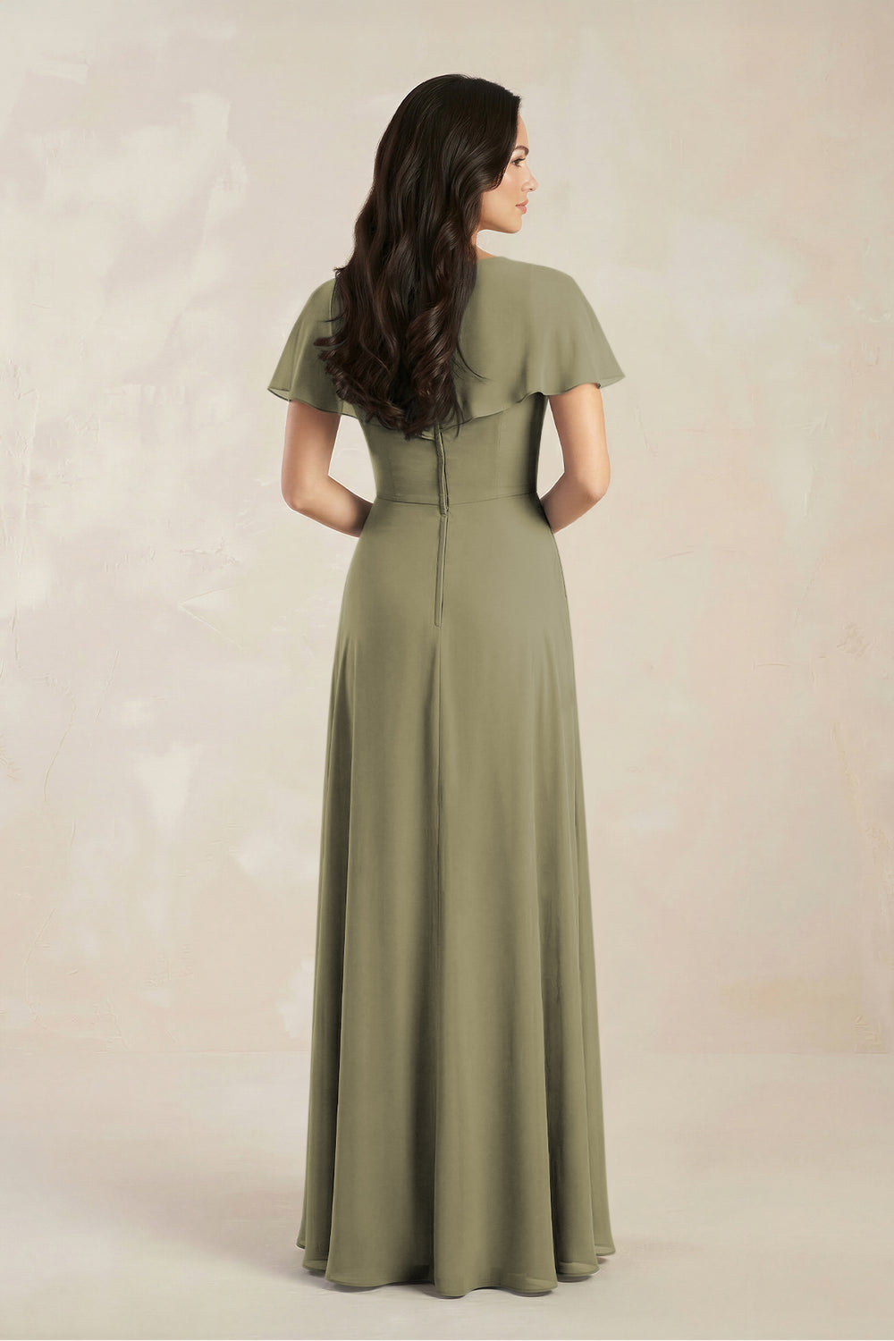 A-Line Short Sleeve Chiffon V-Neck Bridesmaid Dress in Thyme