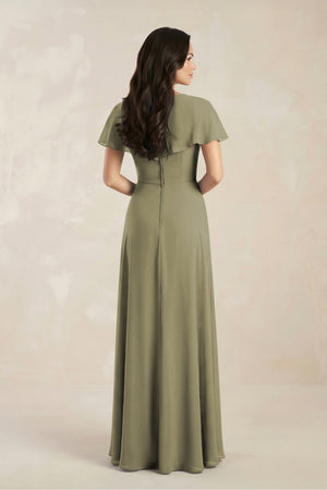A-Line Short Sleeve Chiffon V-Neck Bridesmaid Dress in Thyme (2) | KISSBRIDAL