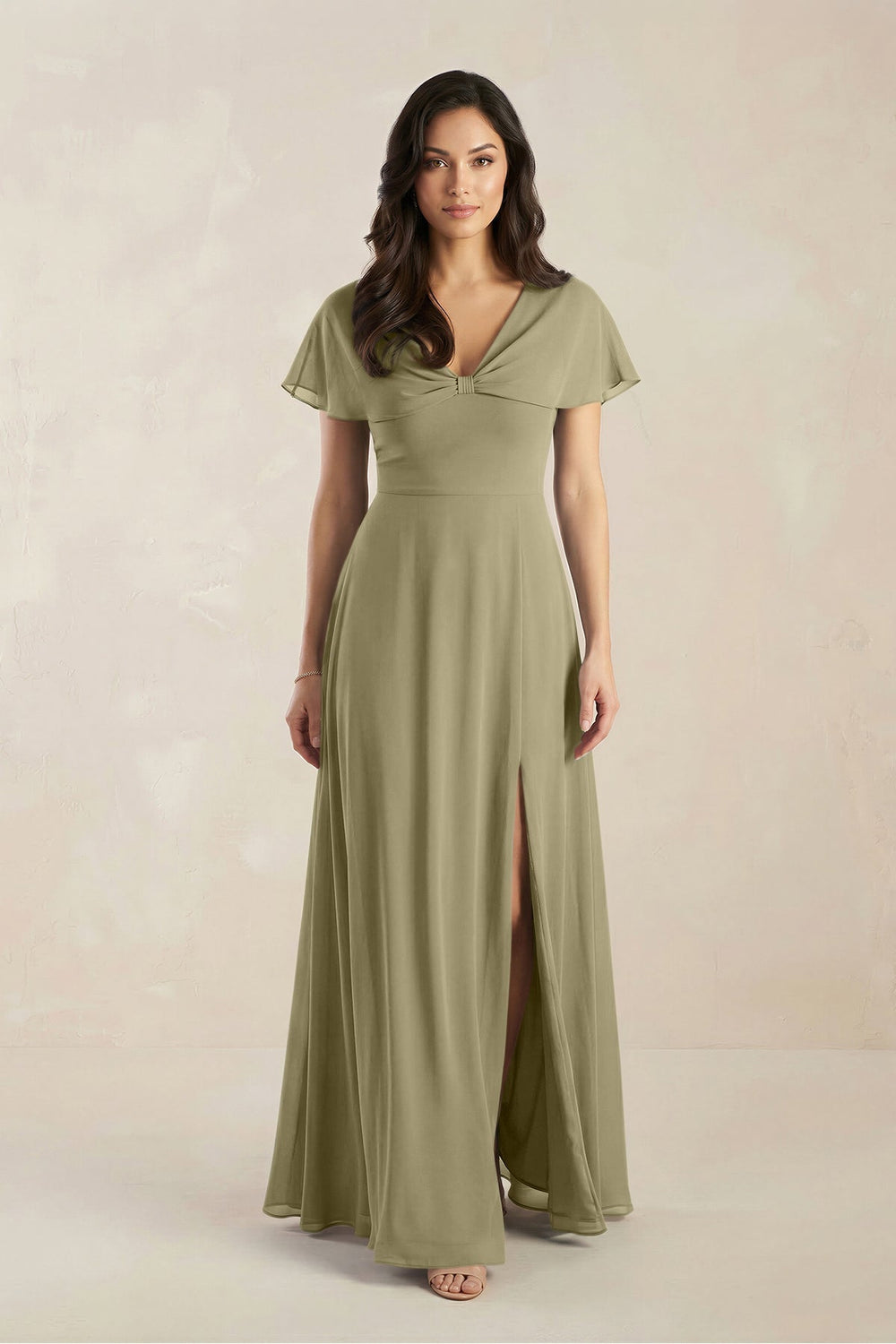 A - Line Short Sleeve Chiffon V - Neck Bridesmaid Dress in Thyme - KISS BRIDAL Bridesmaid Dresses