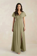 A - Line Short Sleeve Chiffon V - Neck Bridesmaid Dress in Thyme - SHE IS ME Bridesmaid Dresses