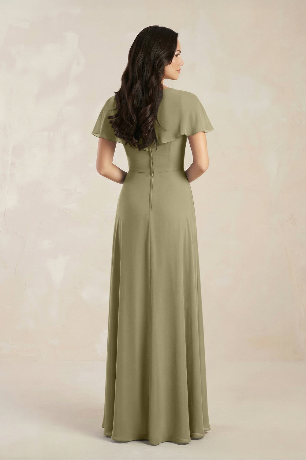 A - Line Short Sleeve Chiffon V - Neck Bridesmaid Dress in Thyme - KISS BRIDAL Bridesmaid Dresses