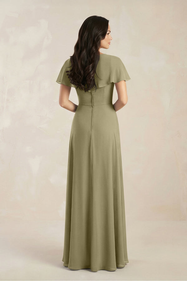 A - Line Short Sleeve Chiffon V - Neck Bridesmaid Dress in Thyme - SHE IS ME Bridesmaid Dresses