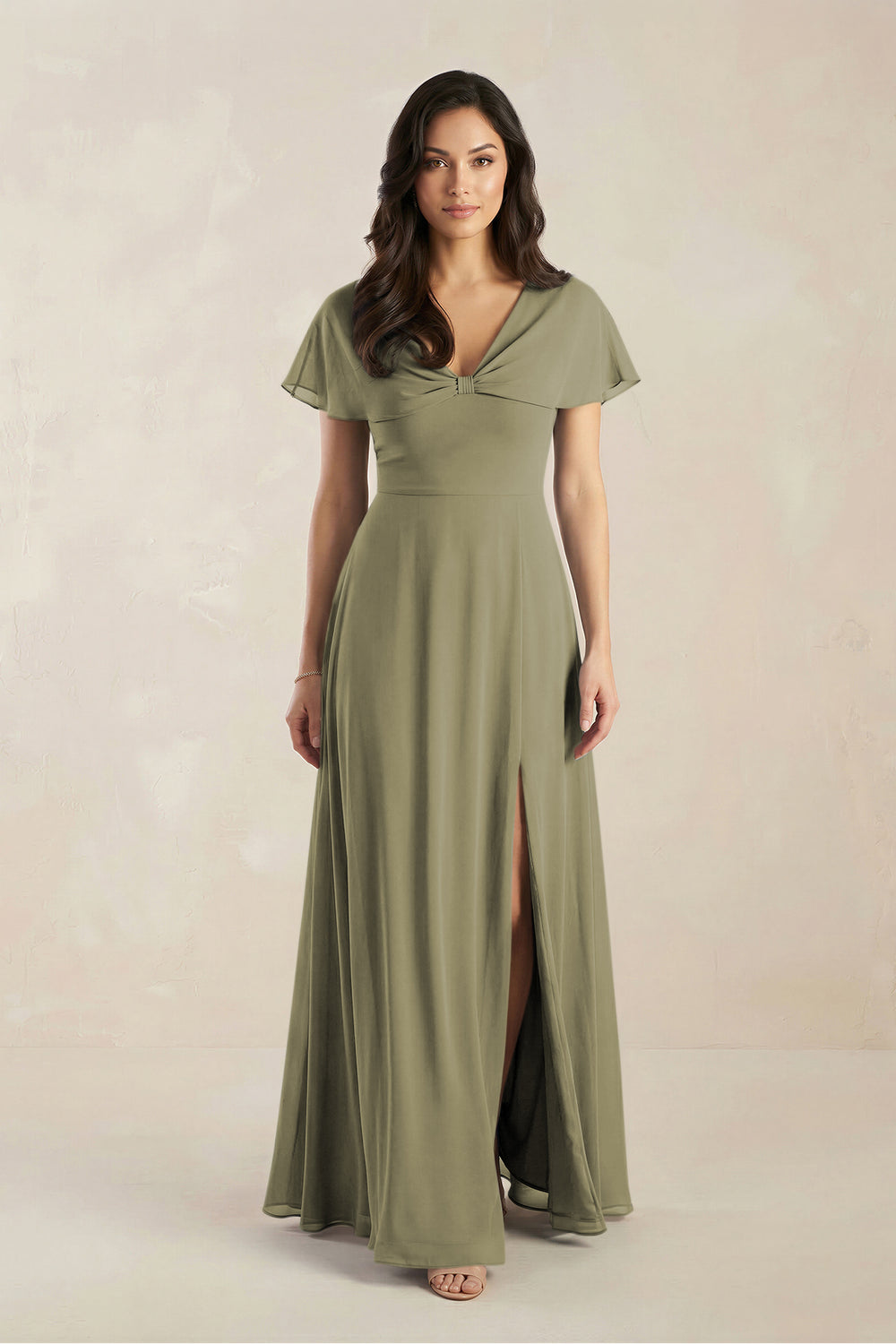 A-Line Short Sleeve Chiffon V-Neck Bridesmaid Dress in Thyme