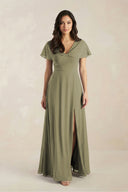 A-Line Short Sleeve Chiffon V-Neck Bridesmaid Dress in Thyme | KISSBRIDAL