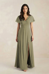 A-Line Short Sleeve Chiffon V-Neck Bridesmaid Dress in Thyme | KISSBRIDAL
