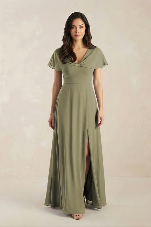 A-Line Short Sleeve Chiffon V-Neck Bridesmaid Dress in Thyme | KISSBRIDAL