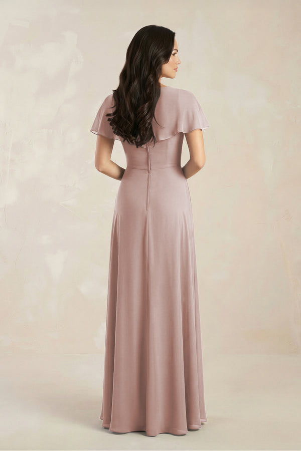 A-Line Short Sleeve Chiffon V-Neck Bridesmaid Dress in Toffee (2) | KISSBRIDAL