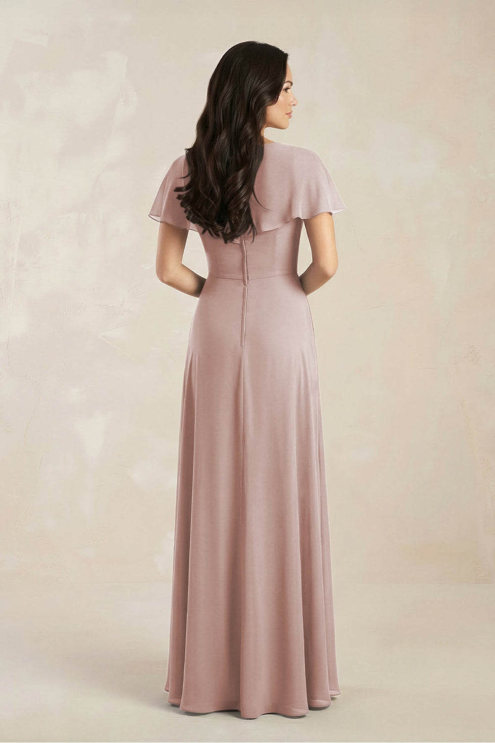 A - Line Short Sleeve Chiffon V - Neck Bridesmaid Dress in Toffee - KISS BRIDAL Bridesmaid Dresses
