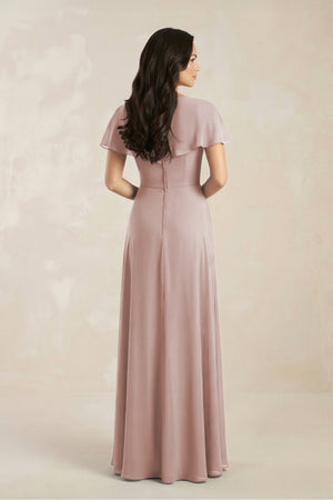 A - Line Short Sleeve Chiffon V - Neck Bridesmaid Dress in Toffee - SHE IS ME Bridesmaid Dresses