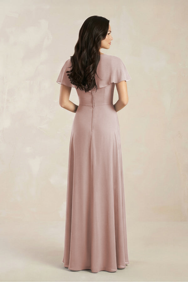 A - Line Short Sleeve Chiffon V - Neck Bridesmaid Dress in Toffee - SHE IS ME Bridesmaid Dresses