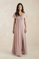 A - Line Short Sleeve Chiffon V - Neck Bridesmaid Dress in Toffee - SHE IS ME Bridesmaid Dresses