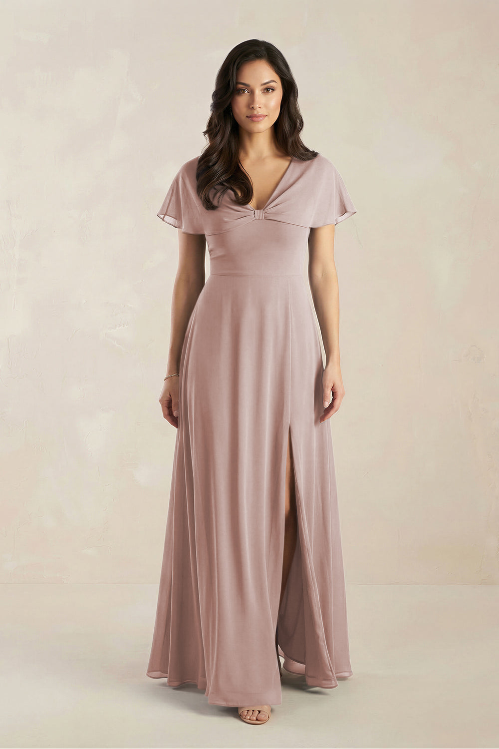 A-Line Short Sleeve Chiffon V-Neck Bridesmaid Dress in Toffee