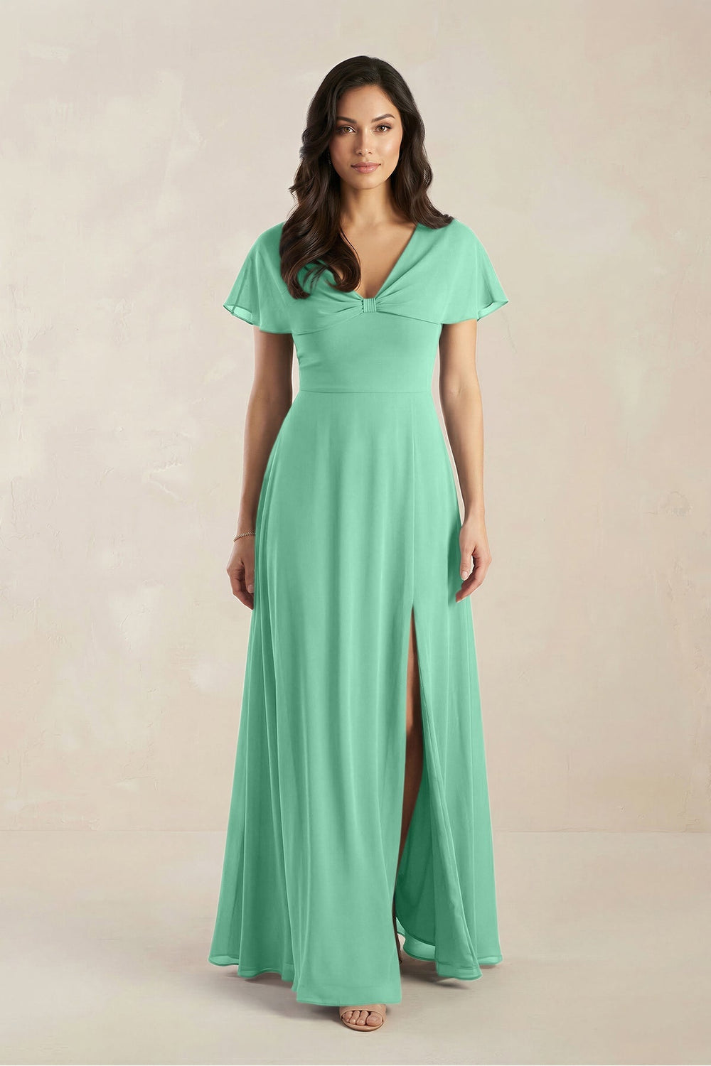 A - Line Short Sleeve Chiffon V - Neck Bridesmaid Dress in Turquoise - KISS BRIDAL Bridesmaid Dresses