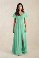 A - Line Short Sleeve Chiffon V - Neck Bridesmaid Dress in Turquoise - SHE IS ME Bridesmaid Dresses