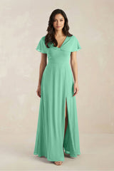 A - Line Short Sleeve Chiffon V - Neck Bridesmaid Dress in Turquoise - KISS BRIDAL Bridesmaid Dresses