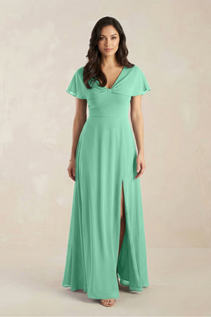 A - Line Short Sleeve Chiffon V - Neck Bridesmaid Dress in Turquoise - SHE IS ME Bridesmaid Dresses