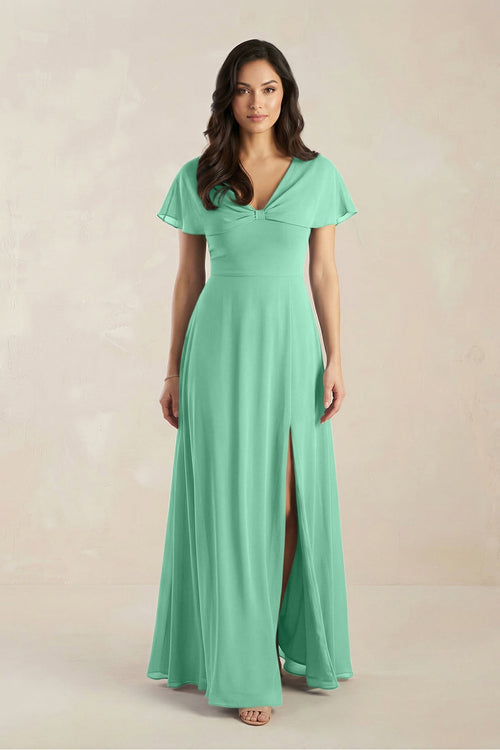 A - Line Short Sleeve Chiffon V - Neck Bridesmaid Dress in Turquoise - SHE IS ME Bridesmaid Dresses