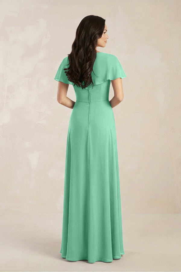 A - Line Short Sleeve Chiffon V - Neck Bridesmaid Dress in Turquoise - SHE IS ME Bridesmaid Dresses