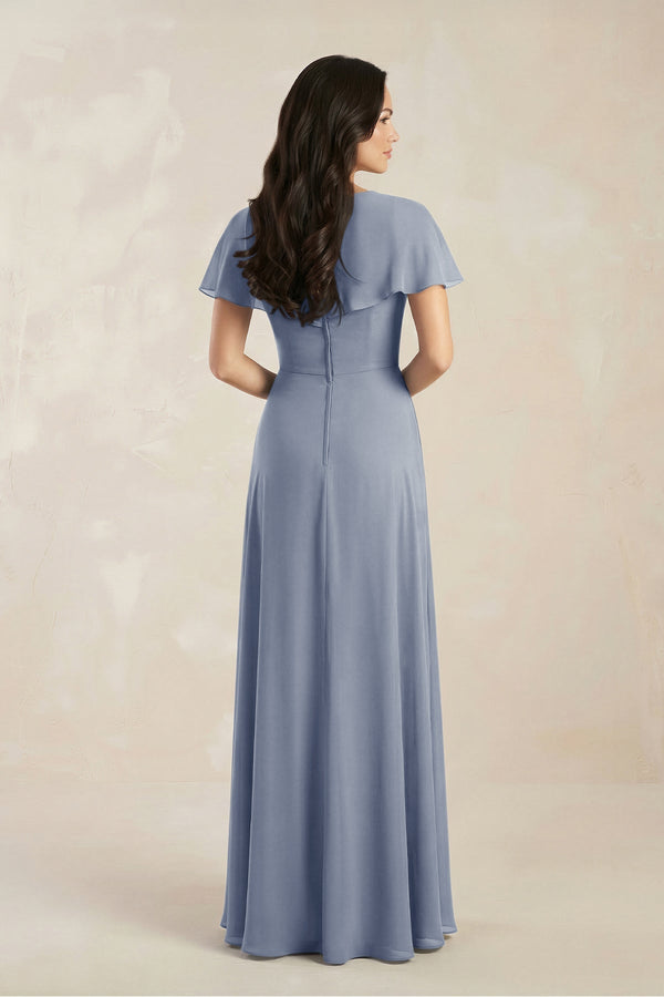 A - Line Short Sleeve Chiffon V - Neck Bridesmaid Dress in Twilight - SHE IS ME Bridesmaid Dresses