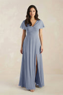 A - Line Short Sleeve Chiffon V - Neck Bridesmaid Dress in Twilight - SHE IS ME Bridesmaid Dresses