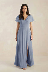 A - Line Short Sleeve Chiffon V - Neck Bridesmaid Dress in Twilight - KISS BRIDAL Bridesmaid Dresses