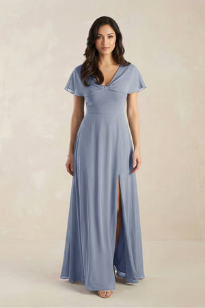 A - Line Short Sleeve Chiffon V - Neck Bridesmaid Dress in Twilight - SHE IS ME Bridesmaid Dresses