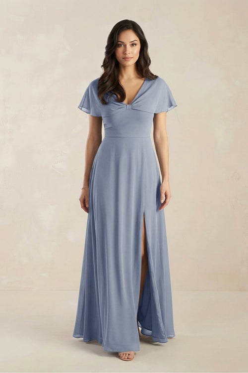 A - Line Short Sleeve Chiffon V - Neck Bridesmaid Dress in Twilight - SHE IS ME Bridesmaid Dresses