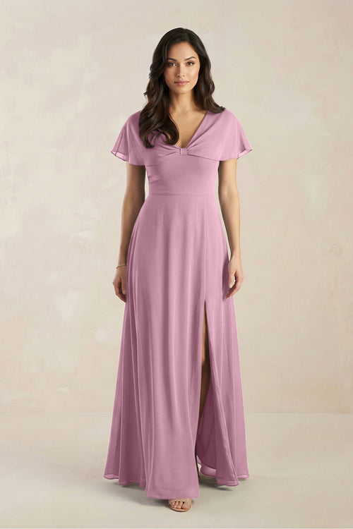 A - Line Short Sleeve Chiffon V - Neck Bridesmaid Dress in Vintage Mauve - SHE IS ME Bridesmaid Dresses