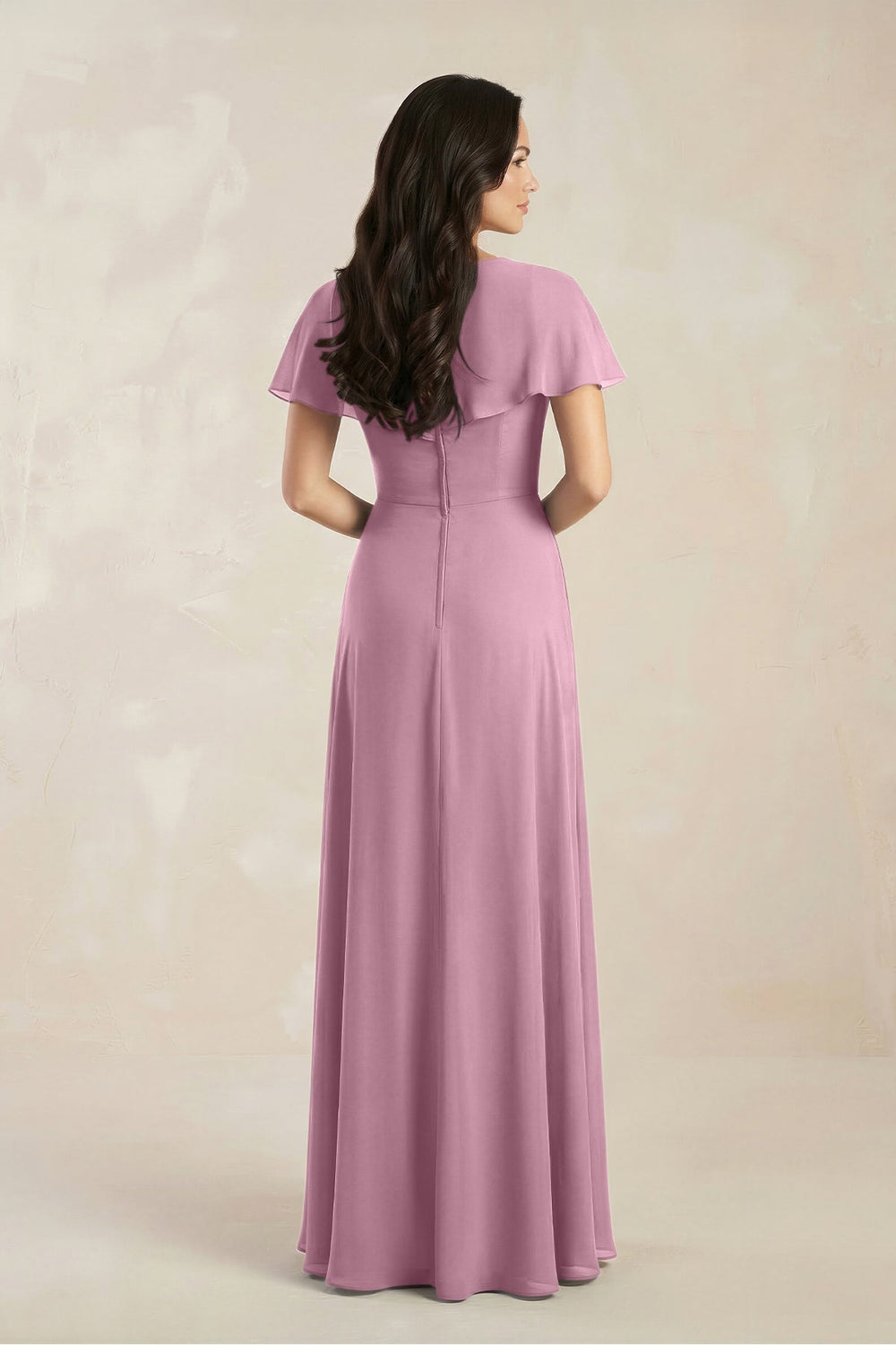 A - Line Short Sleeve Chiffon V - Neck Bridesmaid Dress in Vintage Mauve - KISS BRIDAL Bridesmaid Dresses